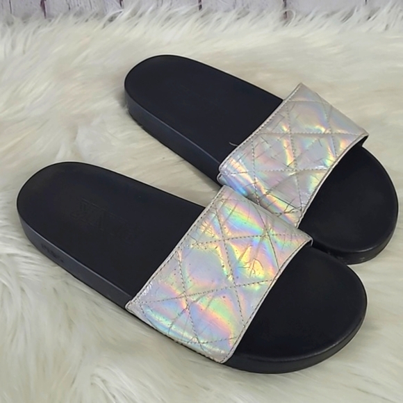 Victoria's Secret PINK Silver Rainbow Holographic Metallic Slide Slip-On Sandals - Picture 16 of 17